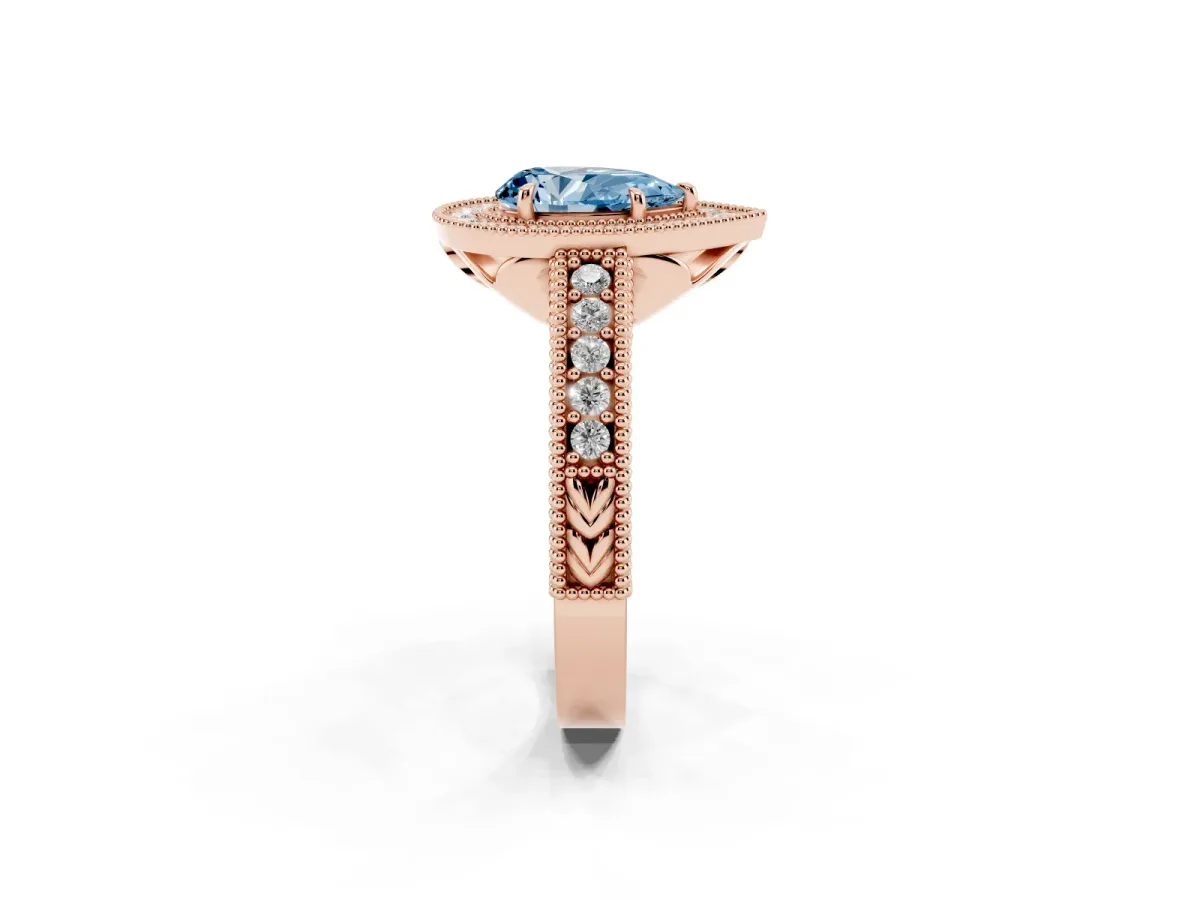 Fancy Blue Pear Cut Cut Halo Diamond Ring with Pavé Band and Four-Prong Setting Rose gold