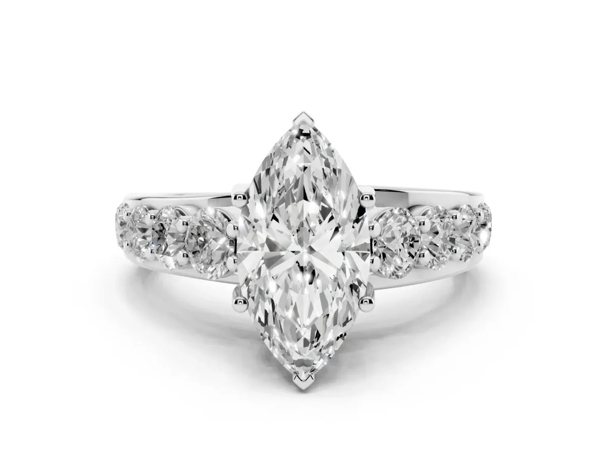 Marquise Cut Diamond Engagement Ring with Pavé Band and Four-Prong Setting Silver