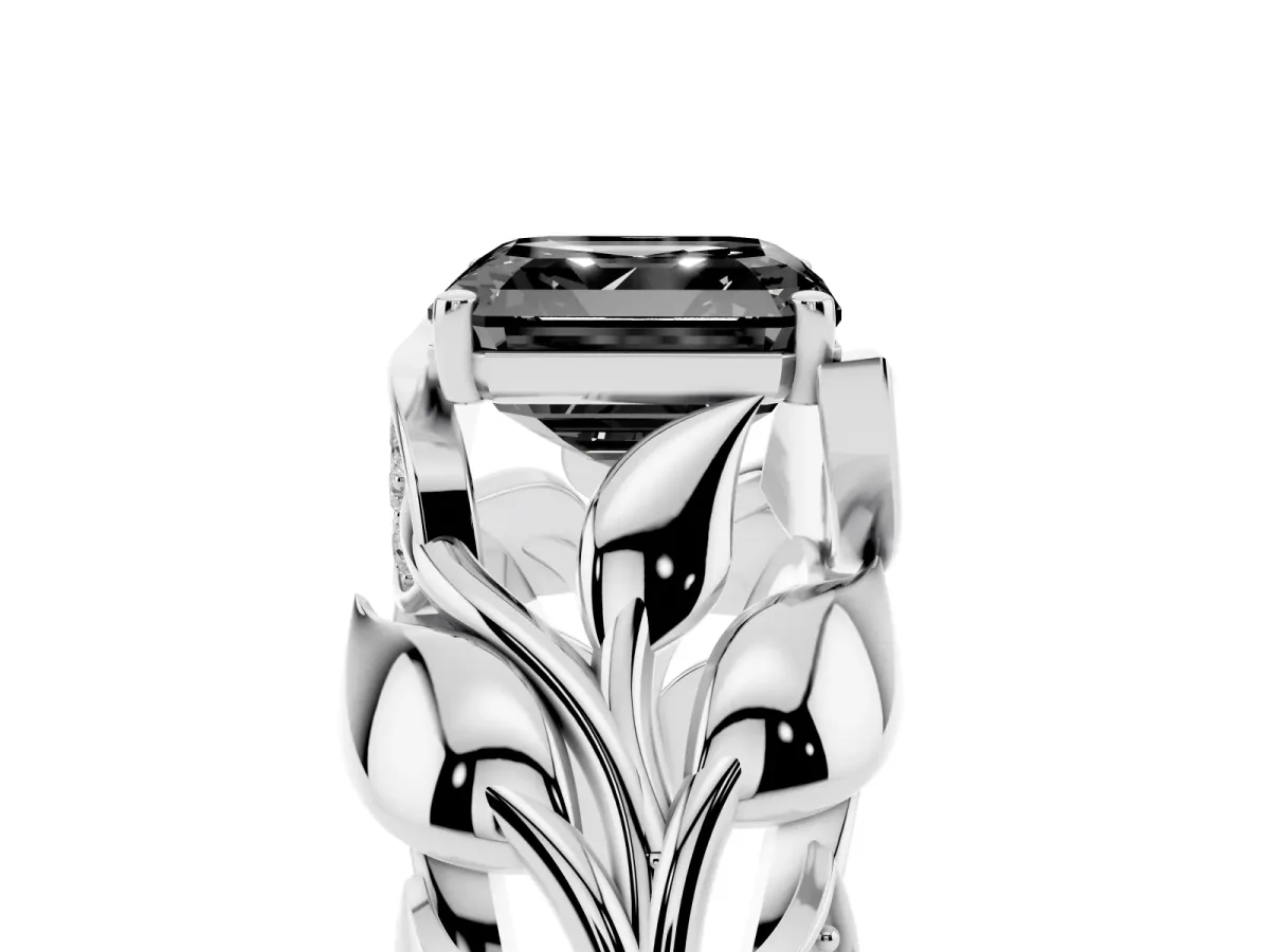 Fancy Black Asscher Cut Diamond Leaf-Inspired Engagement Ring with Round Accents and Prong Setting Silver