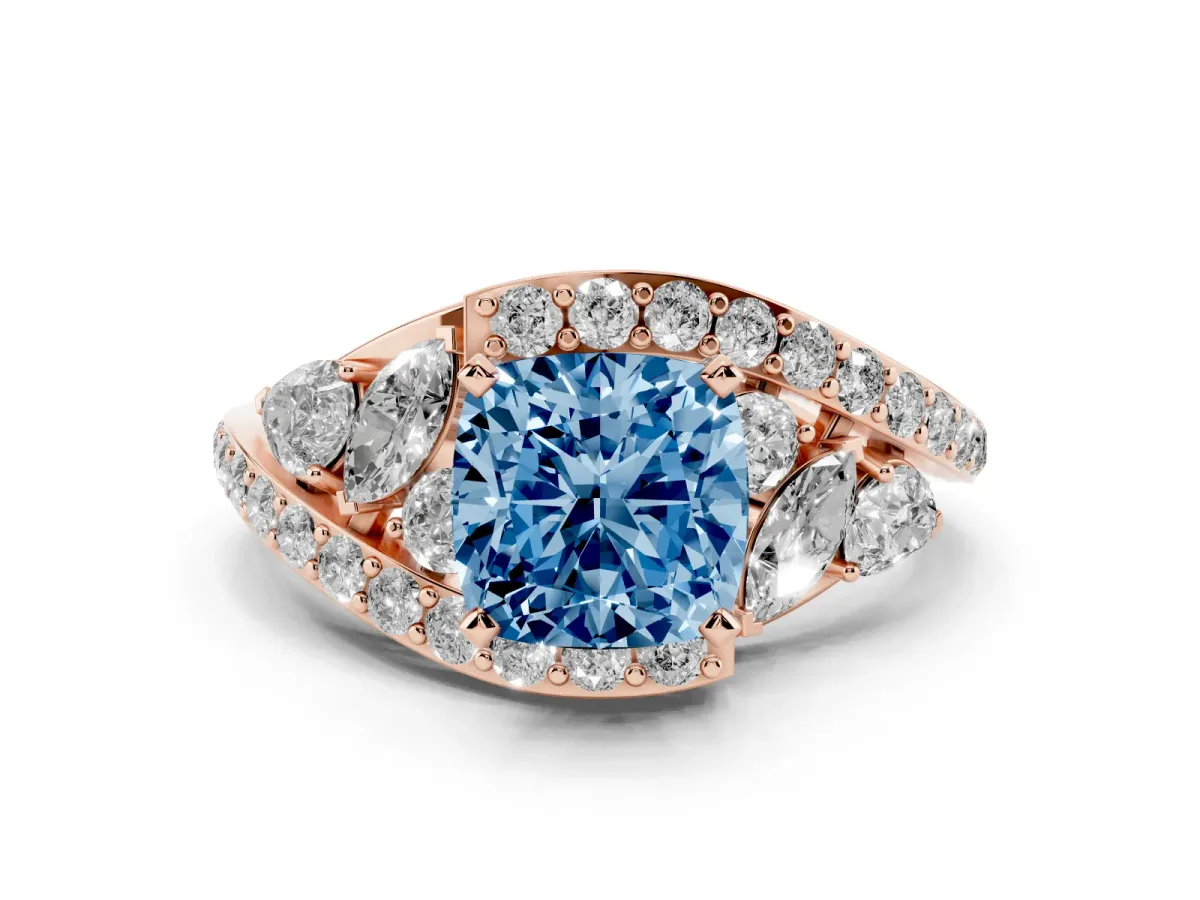 Fancy Blue Cushion Cut Diamond Halo Ring with Marquise and Pavé Band in Prong Setting Rose gold