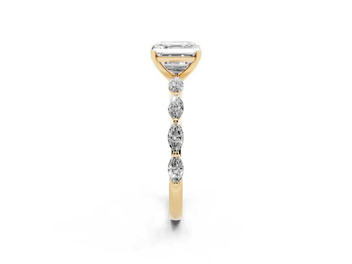 Asscher Cut Diamond Ring with Marquise Side Stones and Prong Setting Yellow gold