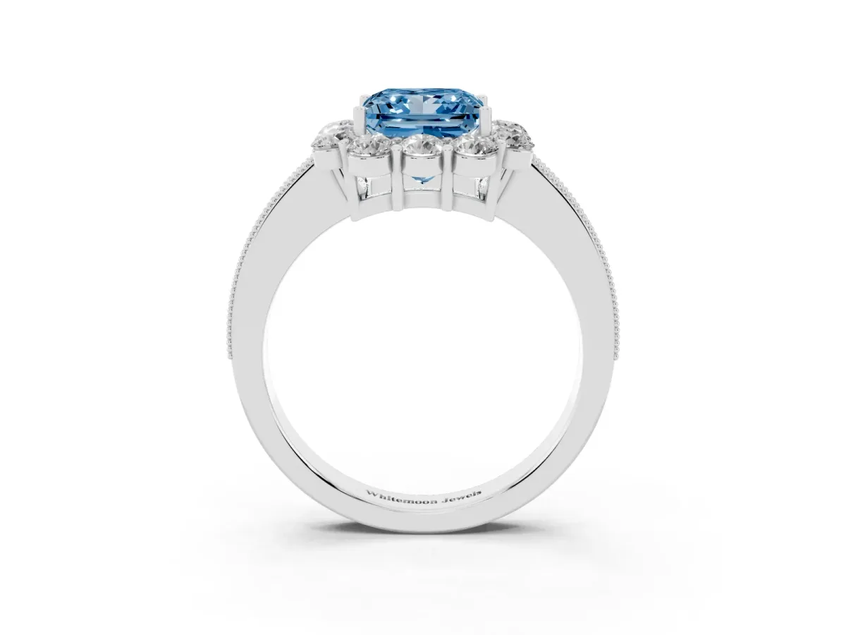 Fancy Blue Princess Cut Cut Halo Diamond Pavé Engagement Ring with Milgrain Detailing Silver