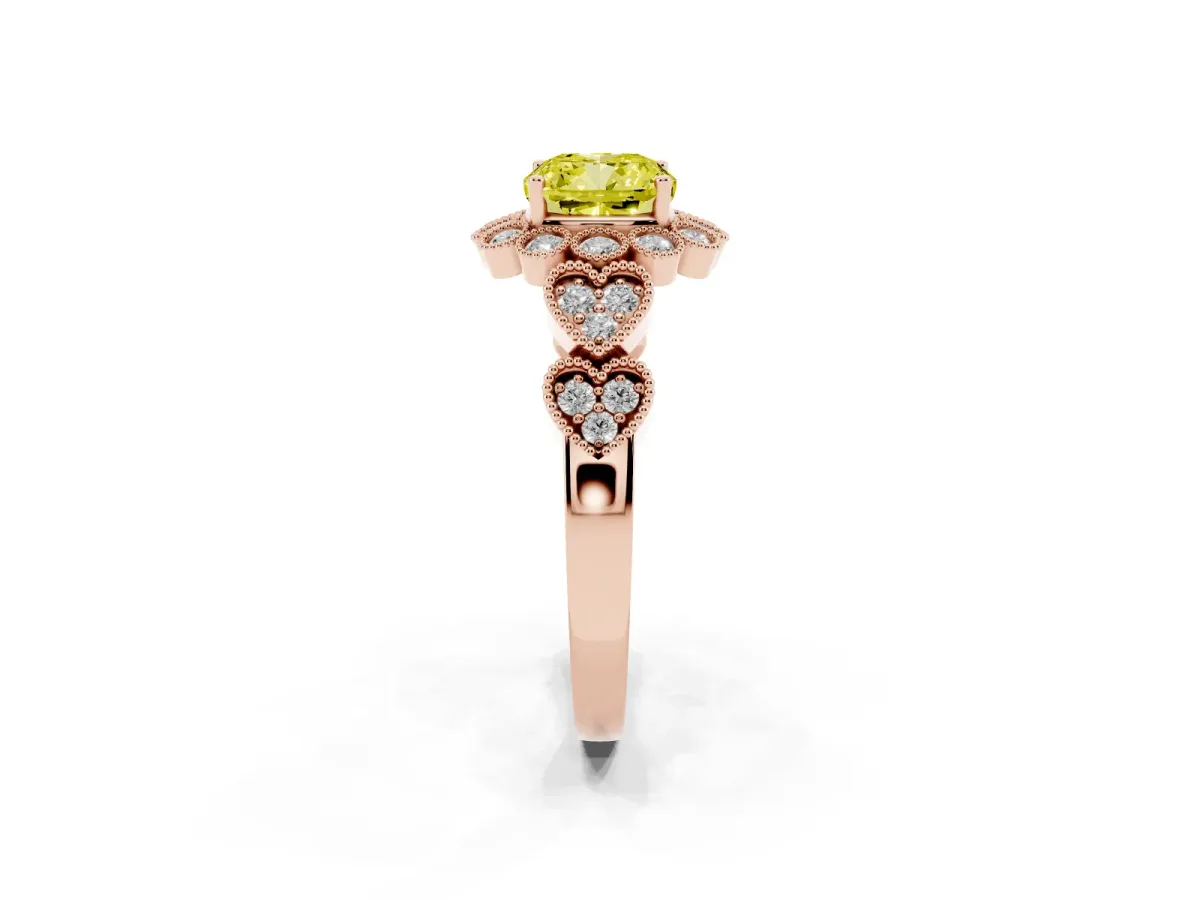Fancy Yellow Cushion Cut Brilliant Milgrain Pave Heart Band Solitaire Ring Rose gold