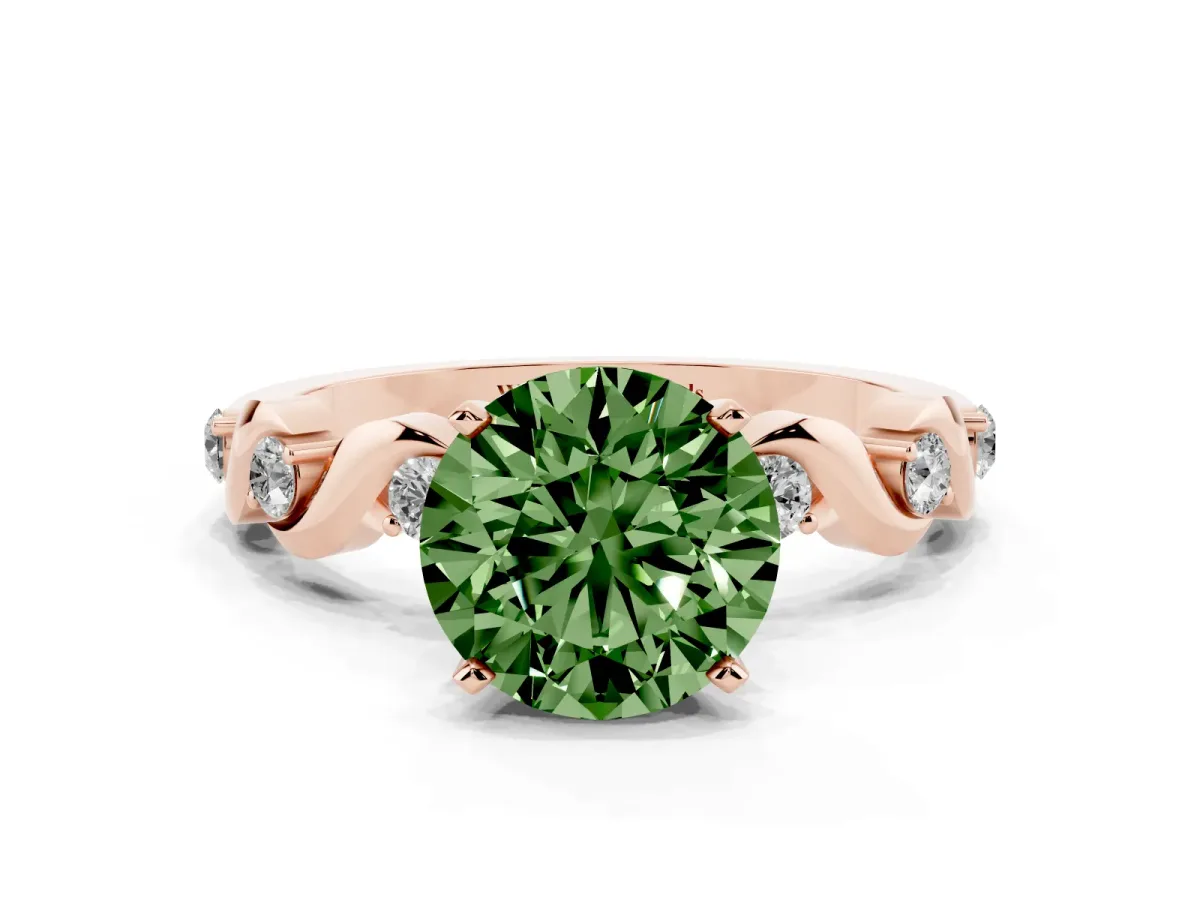 Fancy Green Round Cut Diamond Solitaire Twisted Band with Round Accents and Prong Setting Rose gold