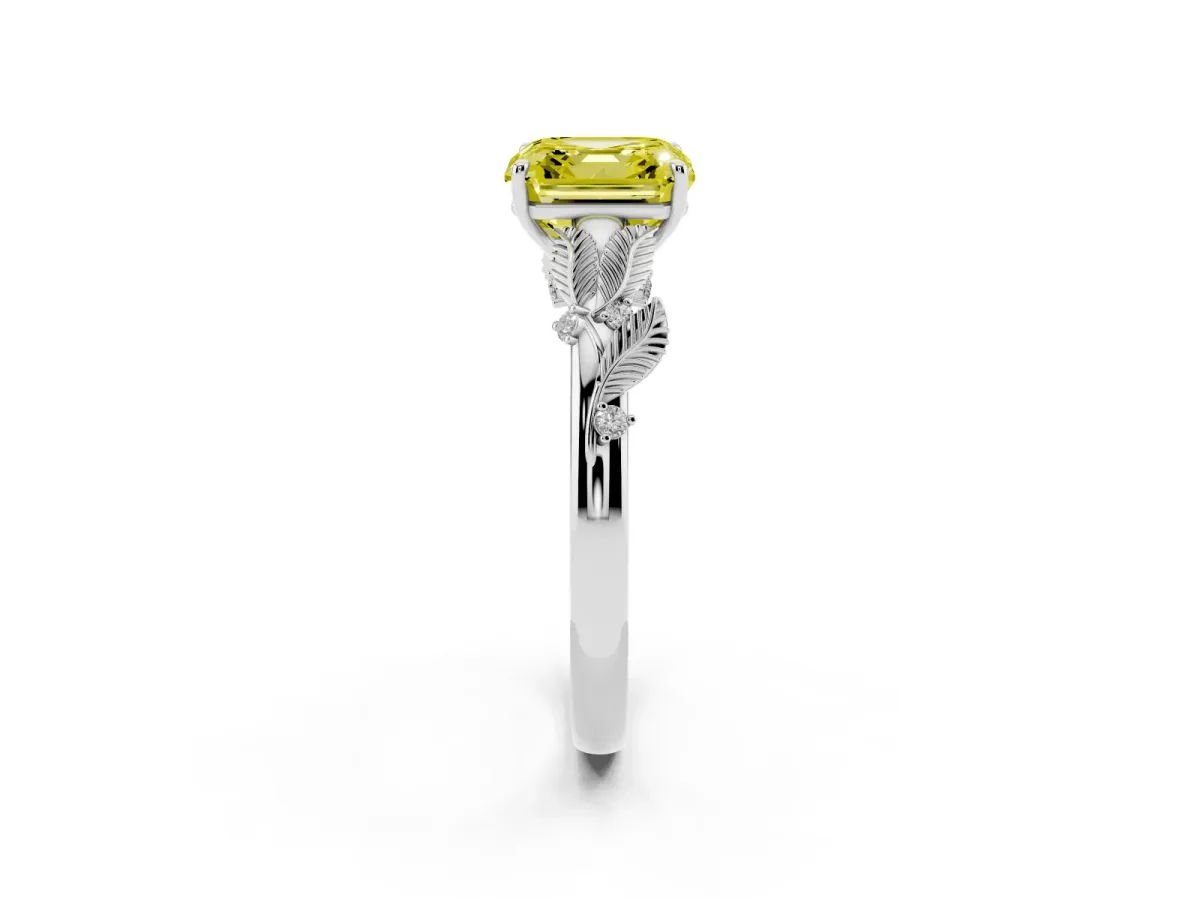 Fancy Yellow Asscher Cut Diamond Solitaire Ring with Leaf Motif Band and Four-Prong Setting Silver