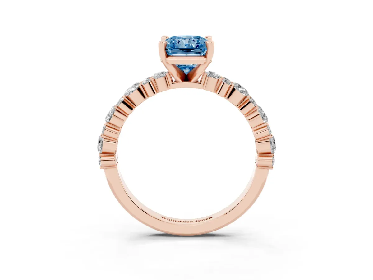 Fancy Blue Radiant Cut Diamond Side Stone Solitaire Ring with Round and Four-Prong Setting Rose gold