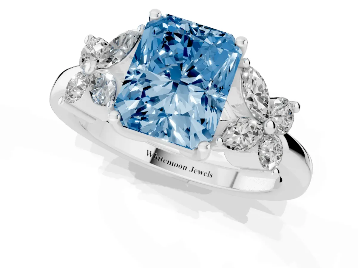 Fancy Blue Radiant Cut Diamond Floral Cluster Ring with Solitaire Band and Prong Setting White gold