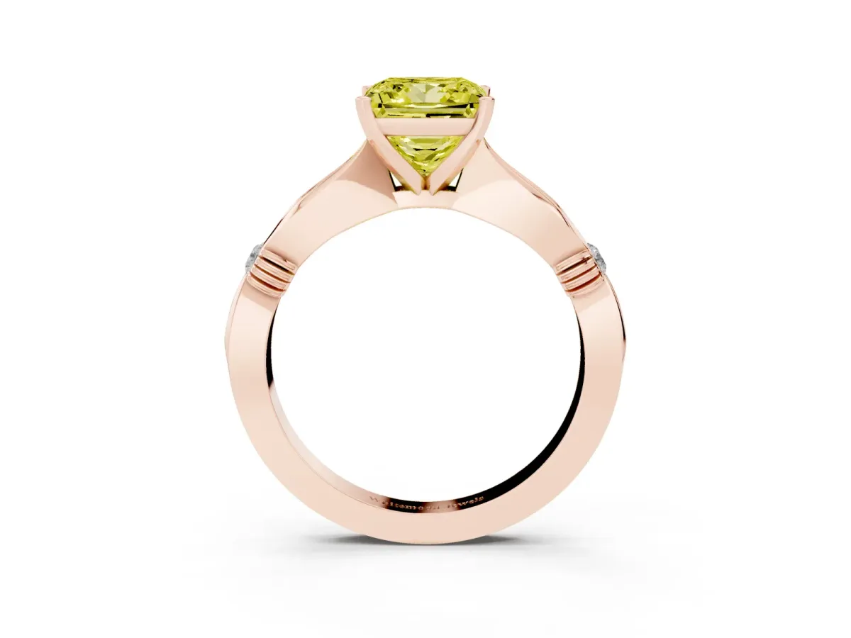 Fancy Yellow Princess Cut Solitaire Diamond Twisted Band with Four-Prong Setting Rose gold