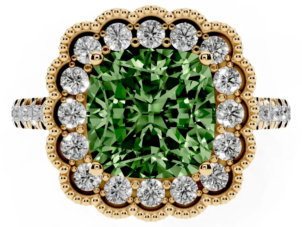 Fancy Green Cushion Cut Cut Diamond Milgrain Floral Halo Engagement Ring with Pavé Band Yellow gold