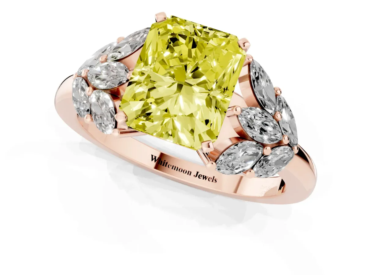Fancy Yellow Radiant Cut Diamond Cluster Leaf Design Ring with Prong Setting Rose gold