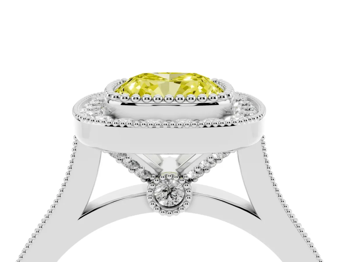 Fancy Yellow Cushion Cut Diamond Halo Ring with Milgrain Frame and Pavé Band White gold