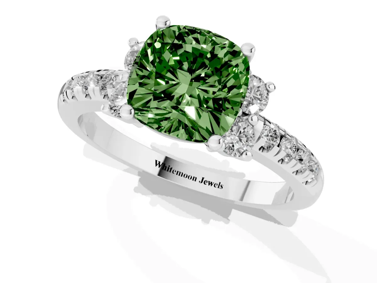Fancy Green Cushion Cut Diamond Three-Stone Pave Band with Four-Prong Setting Silver