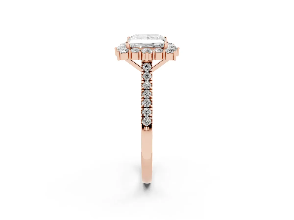 Princess Cut Halo Diamond Ring with Pavé Band and Prong Setting Rose gold