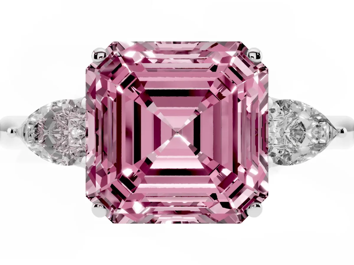 Fancy Pink Asscher Cut Diamond Three-Stone Ring with Pear Side Stones and Prong Setting Platinum