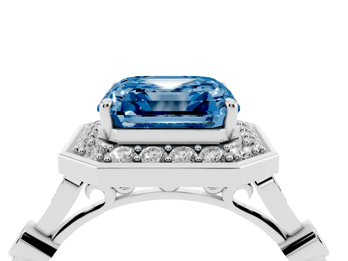 Fancy Blue Asscher Cut Halo Diamond Engagement Ring with Twisted Band and Four-Prong Setting White gold