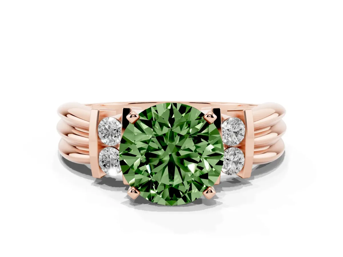 Fancy Green Round Cut Cut Three-Stone Channel Set Ring with Bar Prongs Rose gold