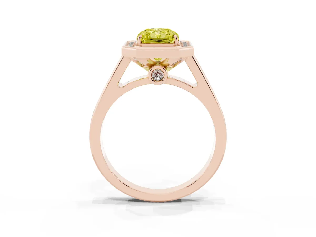 Fancy Yellow Radiant Cut Halo Solitaire Diamond Ring with Pave Band and Bezel Setting Rose gold