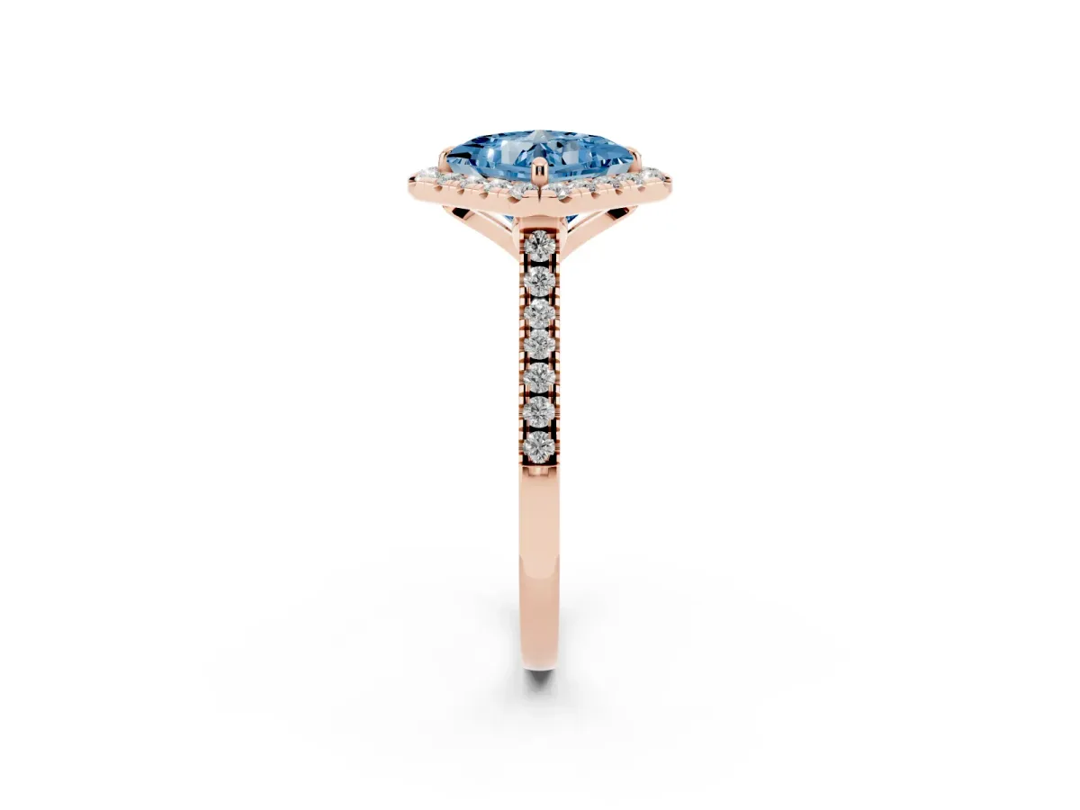 Fancy Blue Princess Cut Diamond Cushion Halo Ring with Pavé Band Rose gold