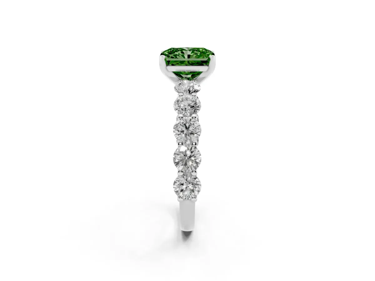 Fancy Green Radiant Cut Diamond Prong Setting with Side Stones on a Pave Band Platinum