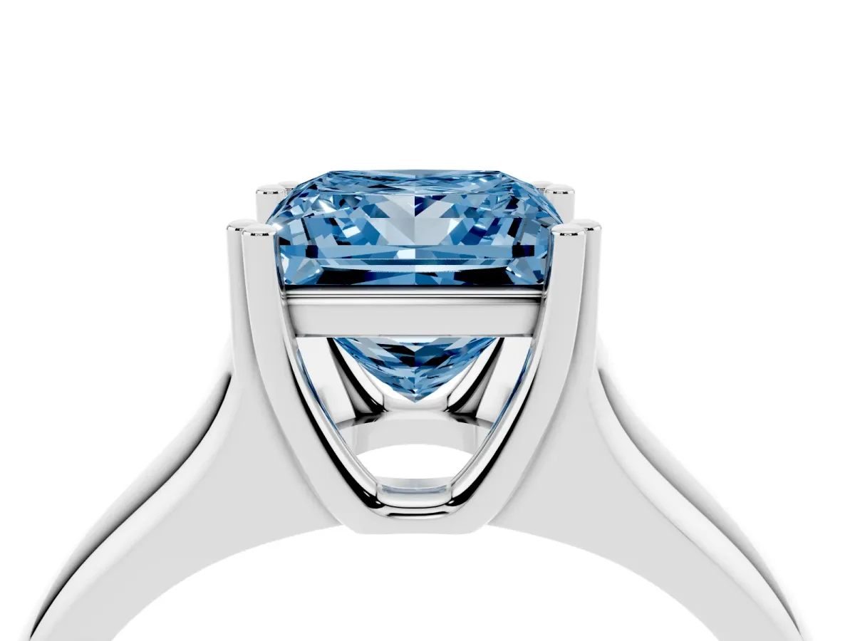Fancy Blue Princess Cut Diamond Solitaire Ring with Wide Band and Prong Setting Platinum