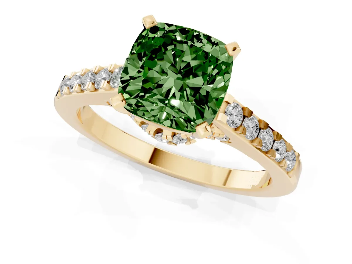 Fancy Green Cushion Cut Diamond Solitaire Ring with Crossover Gallery and Round Pavé Band Yellow gold
