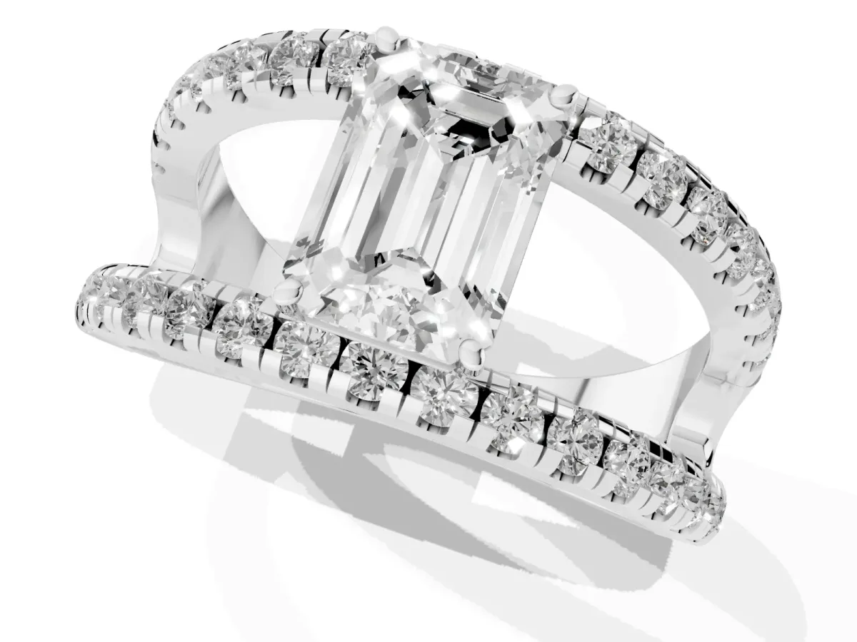 Emerald Cut Solitaire Split Shank Pave Diamond Ring Silver
