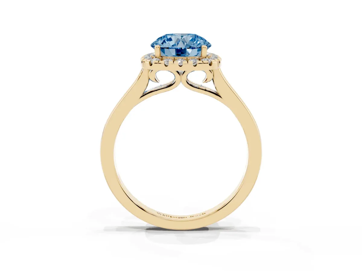 Fancy Blue Round Cut Halo Round Diamond Solitaire Ring with Pavé Band and Four-Prong Setting Yellow gold