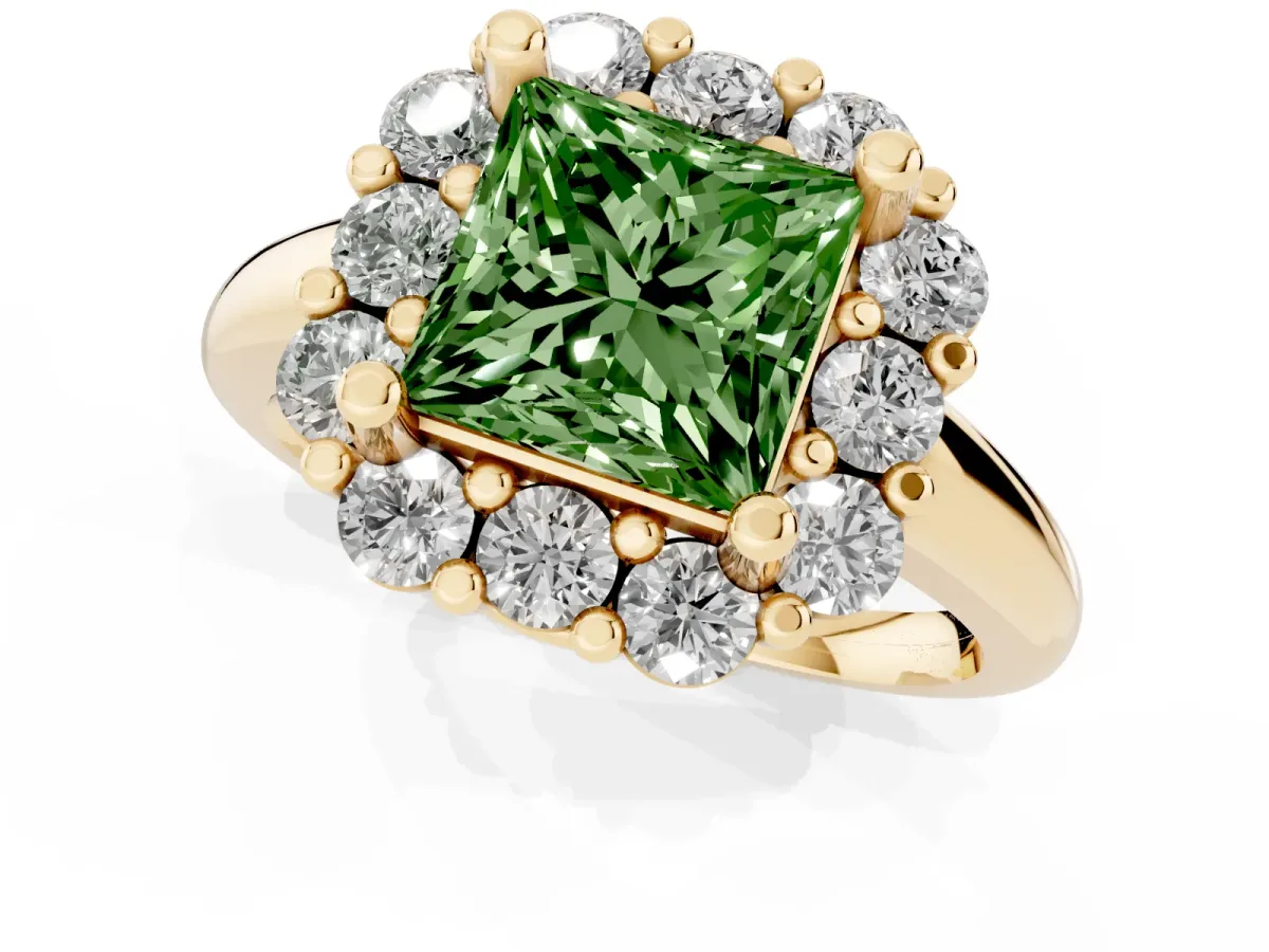 Fancy Green Princess Cut Halo Cluster Diamond Engagement Ring with Prong Setting and Polished Band Yellow gold