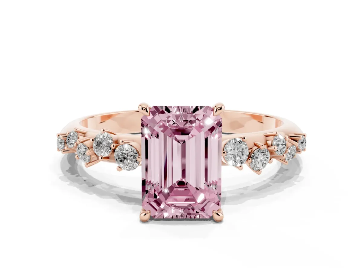 Fancy Pink Emerald Cut Diamond Cluster Side Stone Solitaire Ring with Prong Setting Rose gold