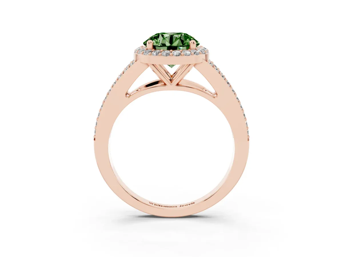 Fancy Green Round Cut Halo Split Shank Diamond Ring with Prong Setting Rose gold