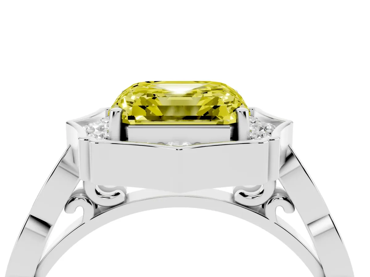 Fancy Yellow Asscher Cut Halo Diamond Engagement Ring with Milgrain Band and Four-Prong Setting White gold