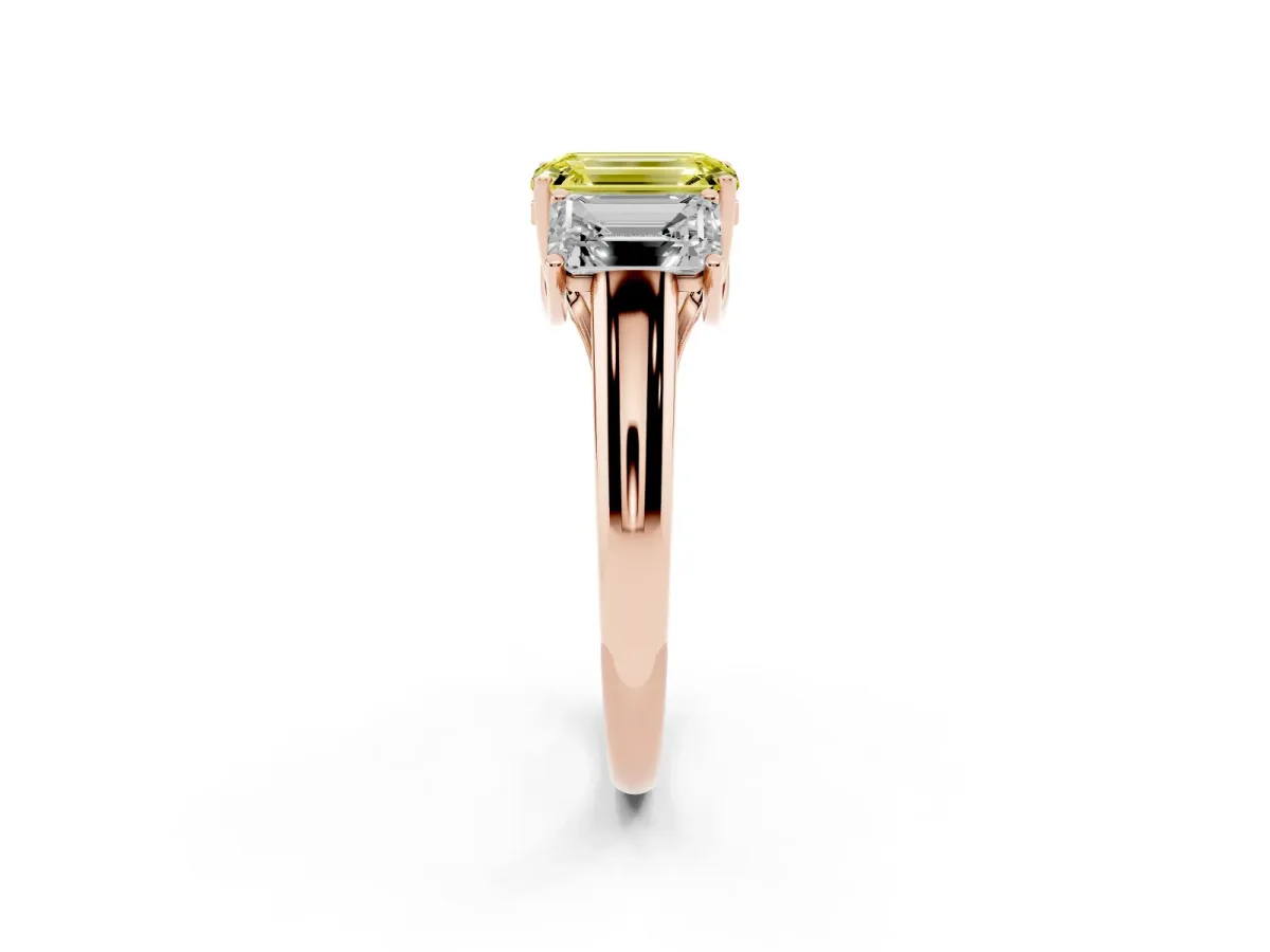 Fancy Yellow Three-Stone Emerald Cut Diamond Engagement Ring with Prong Setting Rose gold