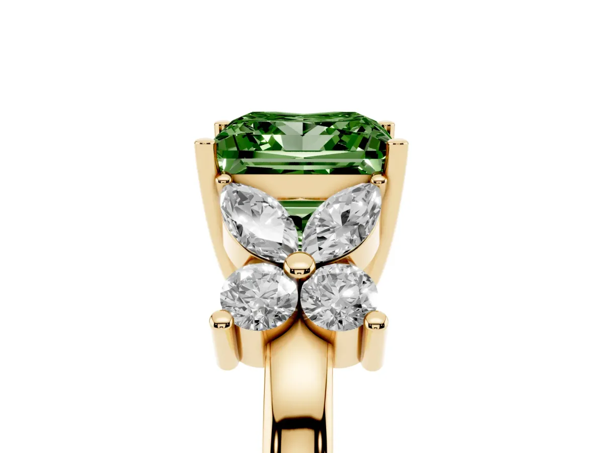 Fancy Green Princess Cut Diamond Floral Cluster Ring with Solitaire Band and Prong Setting Yellow gold