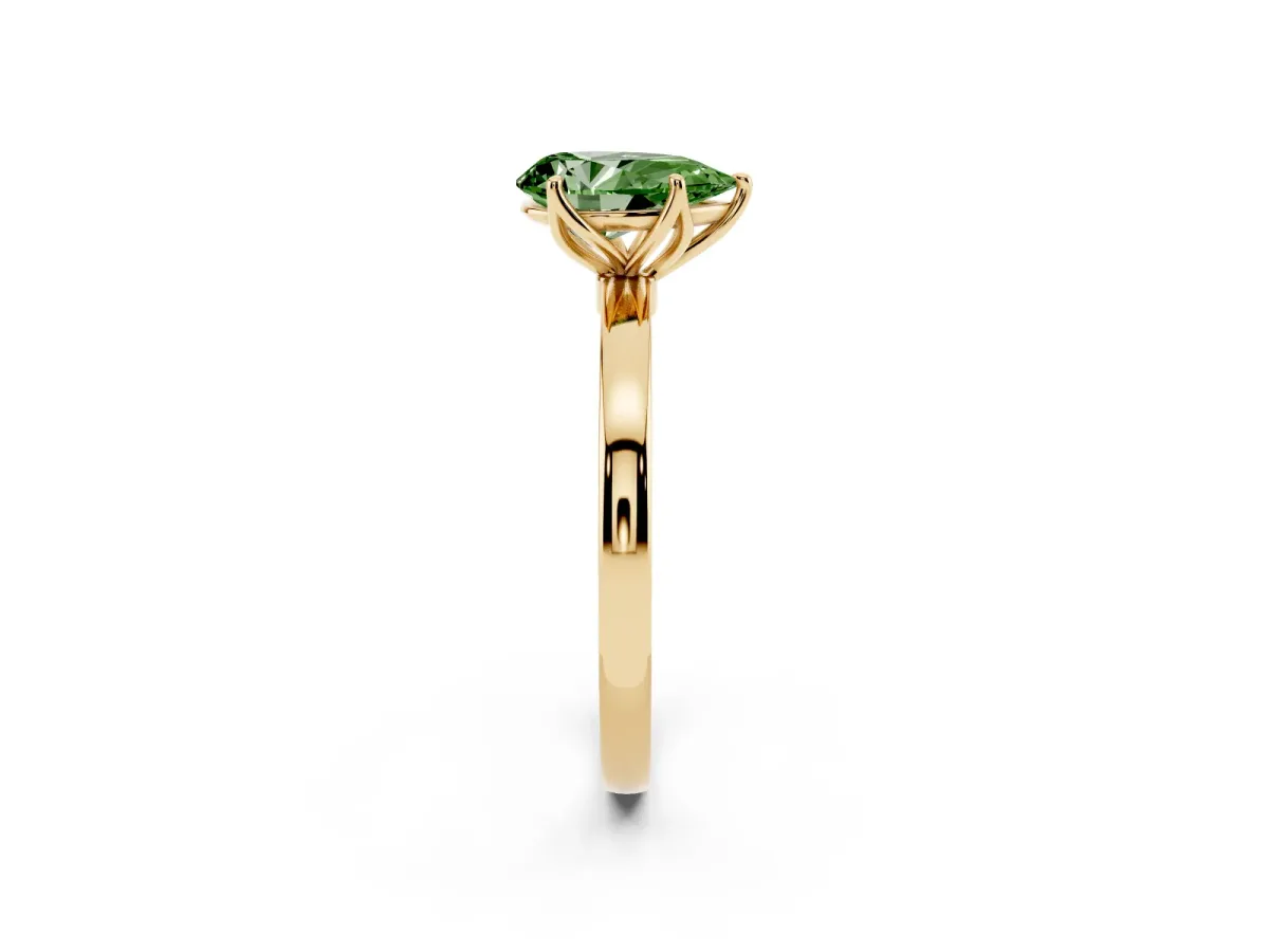 Fancy Green Pear Cut Diamond Solitaire Ring with Thin Band and Prong Setting Yellow gold