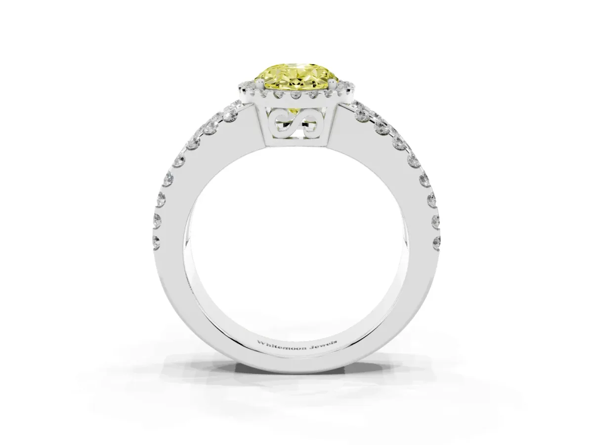 Fancy Yellow Oval Cut Cut Halo Split Shank Diamond Ring with Four-Prong Setting White gold