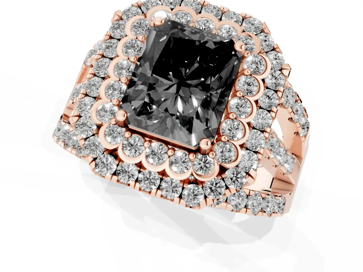 Fancy Black Radiant Cut Diamond Double Halo Ring with Round Pavé Split Shank and Prong Setting Rose gold