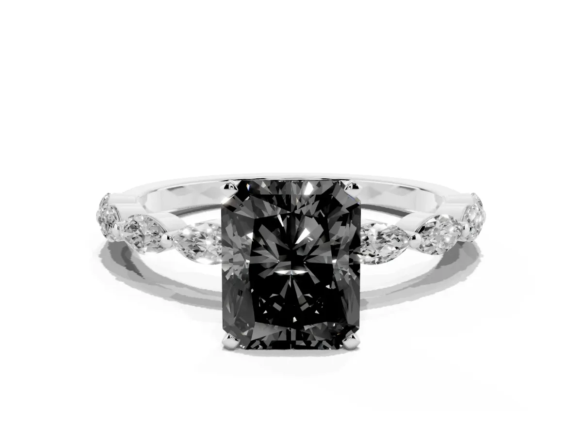 Fancy Black Radiant Cut Diamond Ring with Marquise Side Stones and Prong Setting Platinum