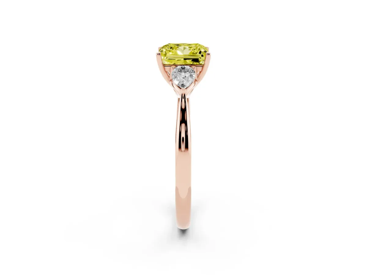 Fancy Yellow Three-Stone Princess Cut Diamond Ring with Pear Side Stones in Four-Prong Setting Rose gold