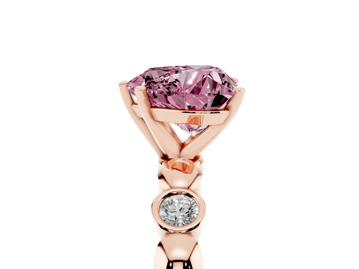 Fancy Pink Heart Cut Solitaire Bezel-Set Diamond Ring with Beaded Band and Four-Prong Setting Rose gold