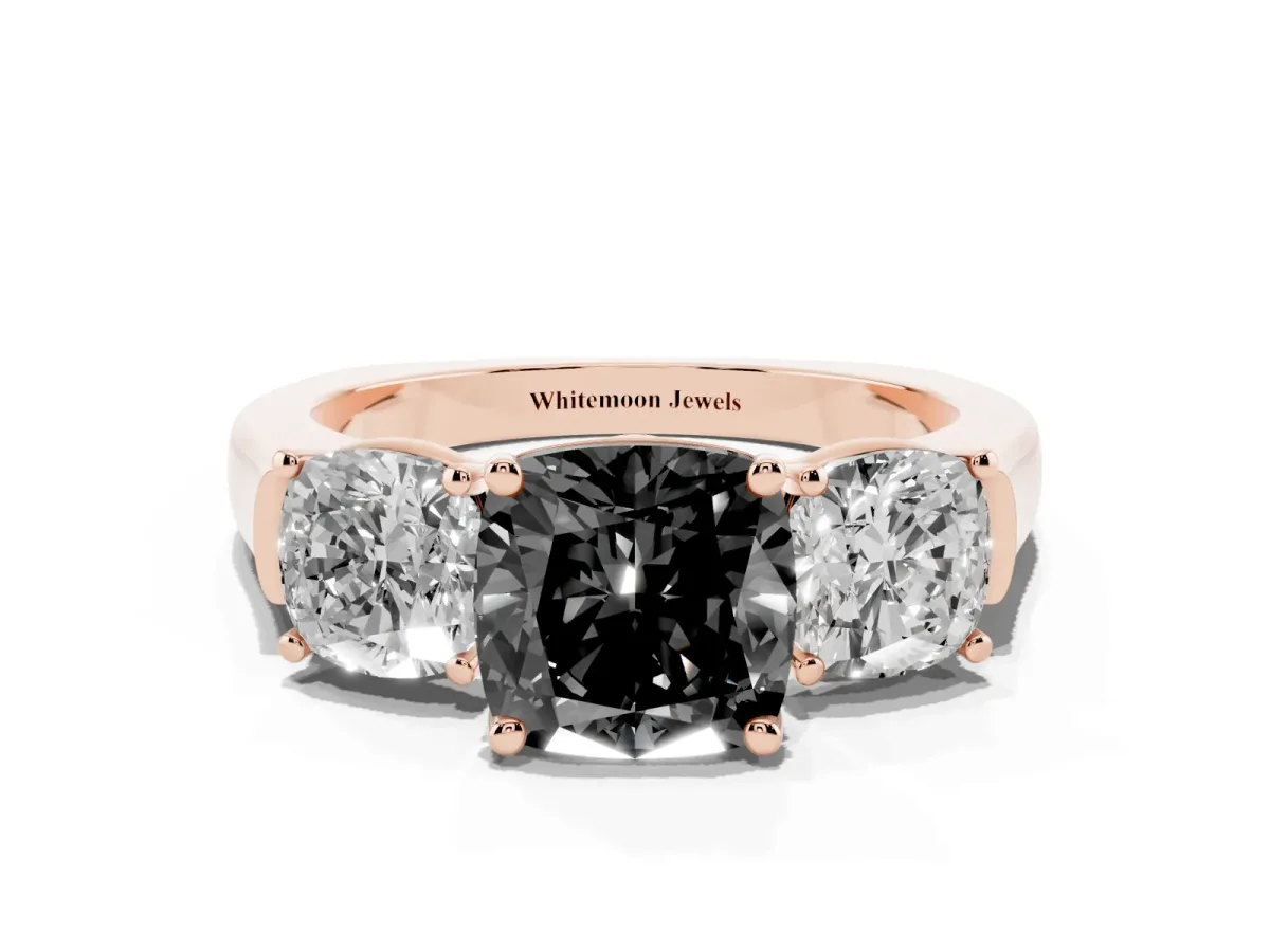 Fancy Black Three-Stone Cushion Cut Brilliant Diamond Trellis Ring with Comfort Fit Band Rose gold