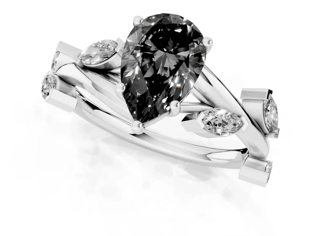 Fancy Black Pear Cut Solitaire Twisted Band Marquise Accent Prong Setting Ring Silver