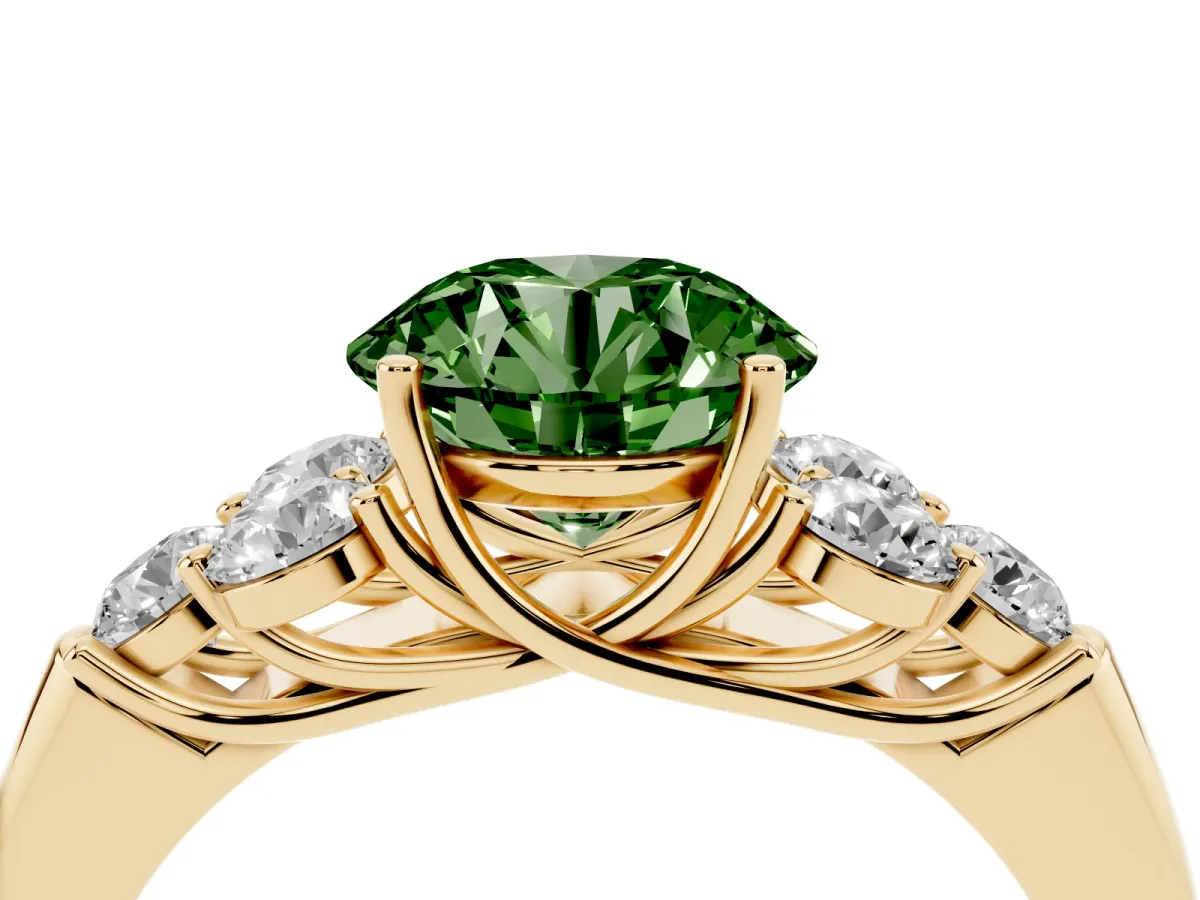 Fancy Green Round Cut Cut Diamond Cluster Ring with Round Accent Stones and Prong Setting on a Classic Band Yellow gold