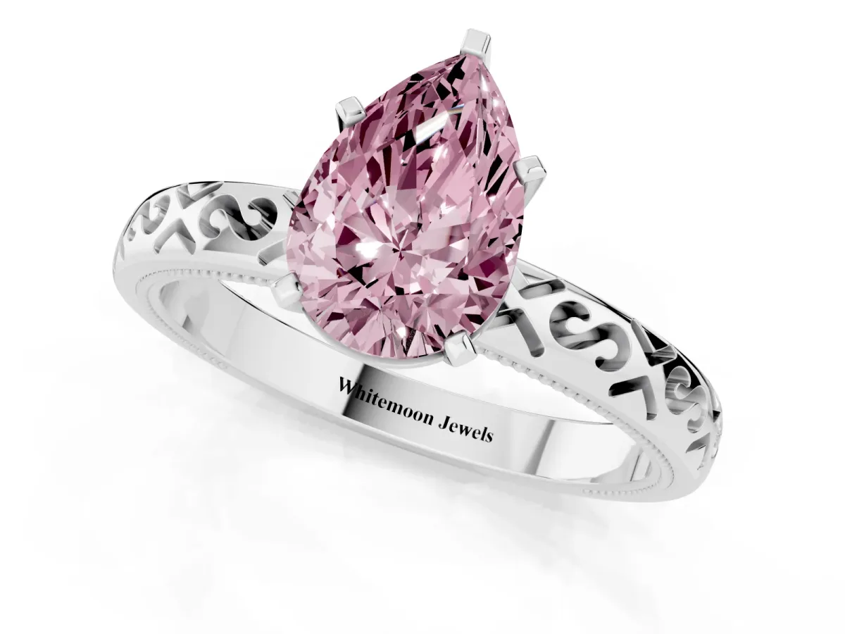 Fancy Pink Pear Cut Solitaire Engagement Ring with Scrollwork Band and Four-Prong Setting Silver