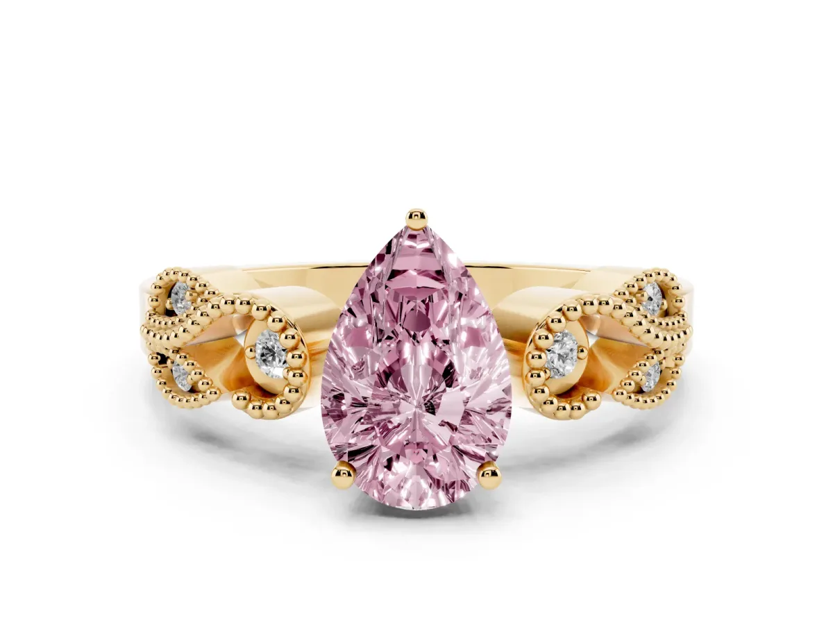 Fancy Pink Pear Cut Solitaire Milgrain Leaf Band with Prong Setting Yellow gold