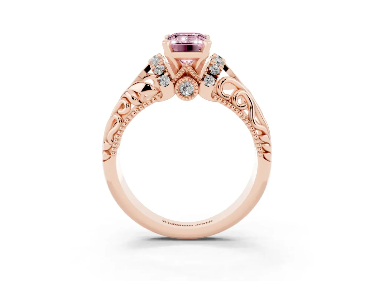Fancy Pink Emerald Cut Solitaire Filigree Engagement Ring with Halo and Prong Setting Rose gold