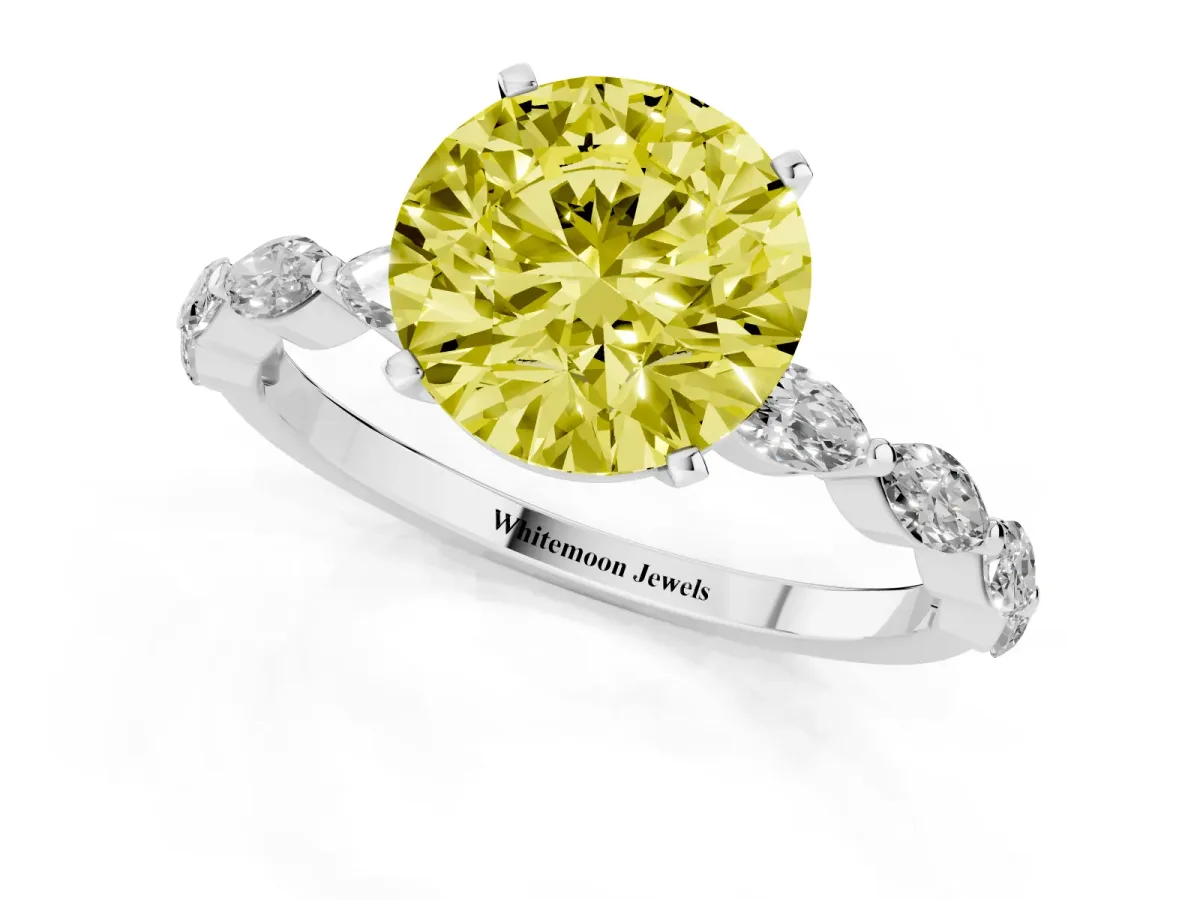 Fancy Yellow Round Cut Diamond Ring with Marquise Side Stones and Prong Setting Silver
