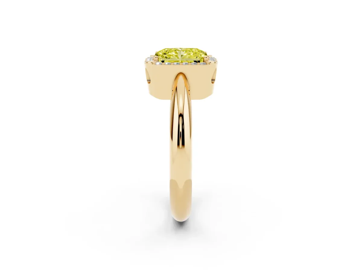 Fancy Yellow Radiant Cut Cut Diamond Halo Engagement Ring with Split Shank and Four-Prong Setting Yellow gold