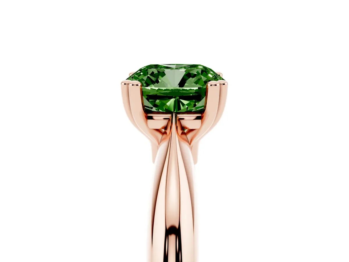 Fancy Green Cushion Cut Cut Solitaire Engagement Ring with Tapered Band and Four-Prong Setting Rose gold
