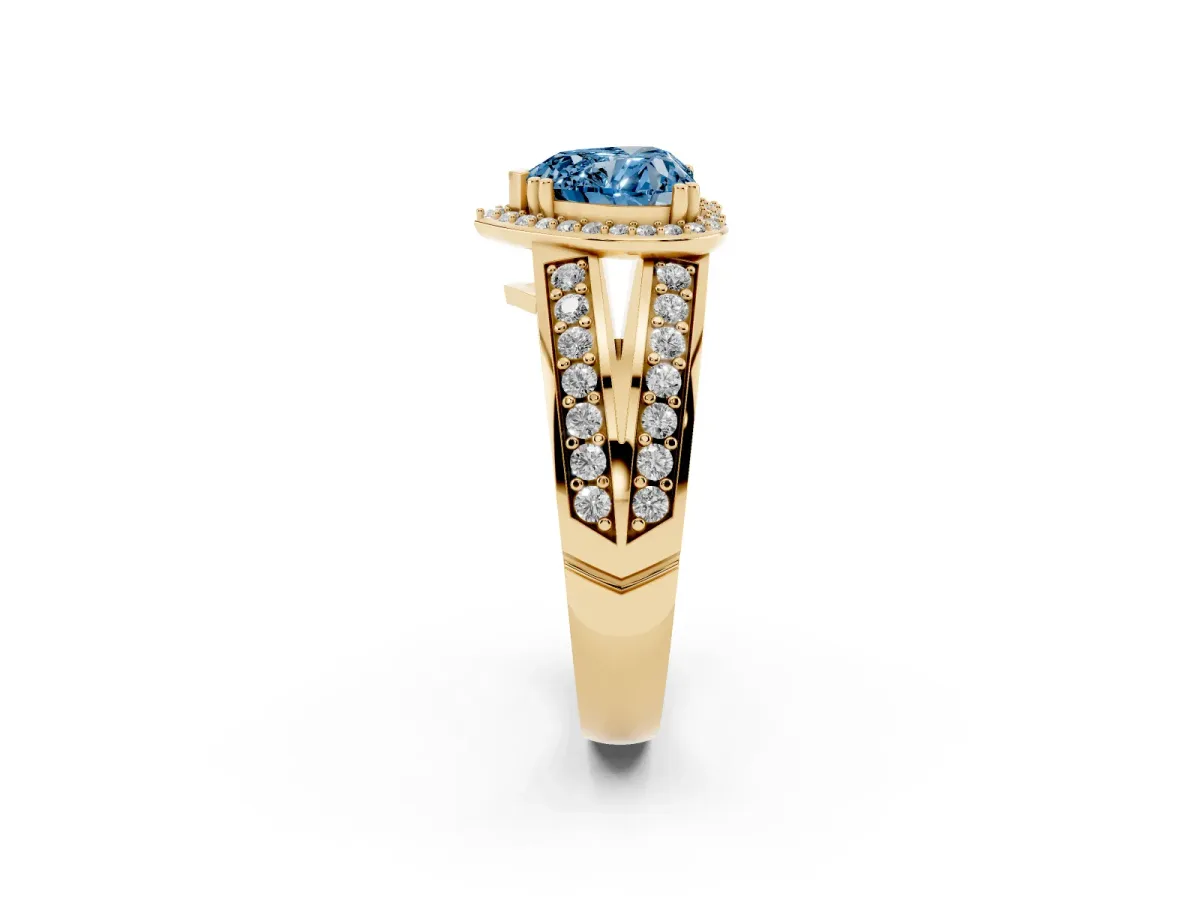 Fancy Blue Heart Cut Diamond Halo Ring with Split Shank Pavé Band and Four-Prong Setting Yellow gold