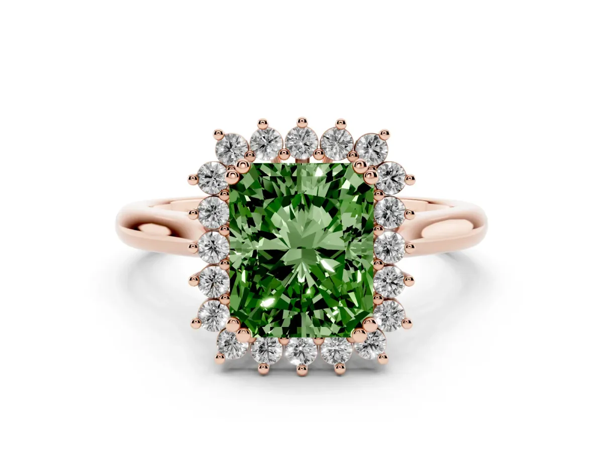Fancy Green Radiant Cut Cut Diamond Halo Ring with Solitaire Band and Prong Setting Rose gold